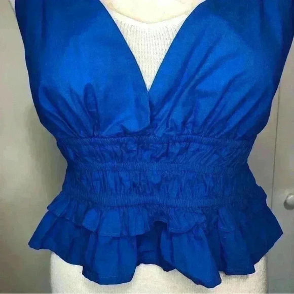 Sim & Sam Woman Cobalt Blue Crop Ruffle Tank Top Spaghetti Straps Peplum Large - Picture 2 of 15